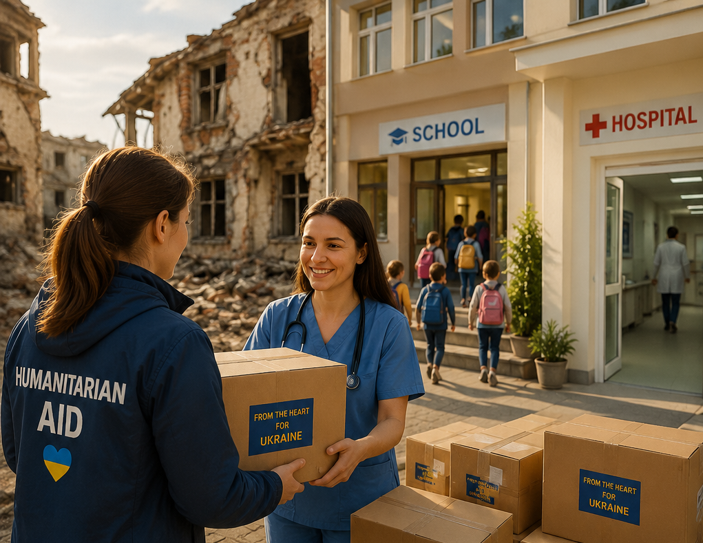 Volunteer delivering humanitarian aid supplies to a school and hospital